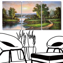 三聯式 直幅 風景 無框畫 掛畫 油畫 圖書館 家飾品 室內裝潢 民宿裝飾 飯店裝潢-河邊的山間小徑-40x60cm