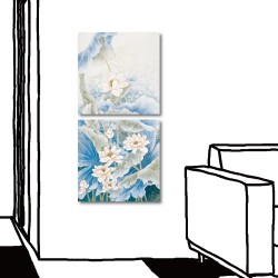 二聯式 方型 花卉 藍色 蓮花 荷花 中國風 辦公室 室內裝潢 家飾品-藍調-30x30cm