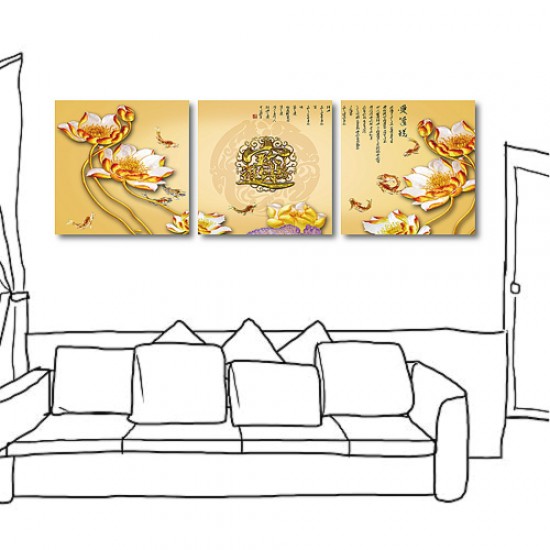 三聯式 方型 金色 花卉 鯉魚 辦公室 室內裝飾 大廳布置 -愛蓮說-30x30cm
