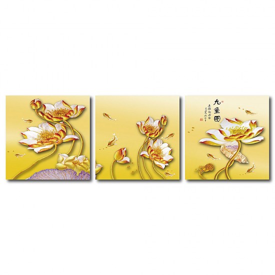 三聯式 方型 中國風 魚 無框畫 長輩禮 客廳 辦公室裝飾 喜氣 掛畫-魚戲新荷動-30x30cm