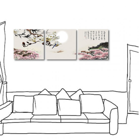 三聯式 方型 中式掛畫 中國風 文字掛畫 無框畫 長輩禮 客廳 辦公室裝飾 喜氣 掛畫-月景-30x30cm