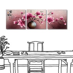 三聯式 方型 花卉 粉色 無框畫 長輩禮 客廳 辦公室 喜氣 掛畫-粉色富貴花-30x30cm