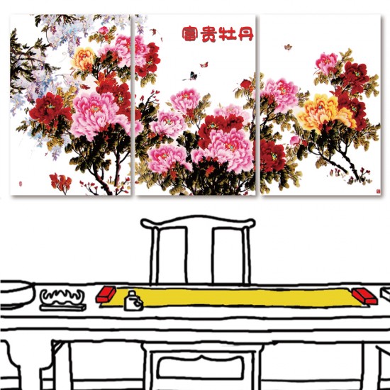 三聯式 直型 文字掛畫 花卉 中國風 辦公室佈置 長輩禮 家居裝飾 民宿裝潢-富貴牡丹-40x60cm