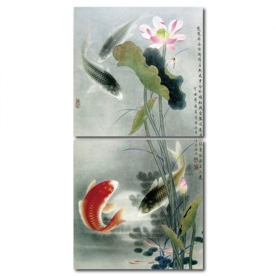 無框畫 文字掛畫 中國風 二聯式 30x30cm-蓮池鯉魚
