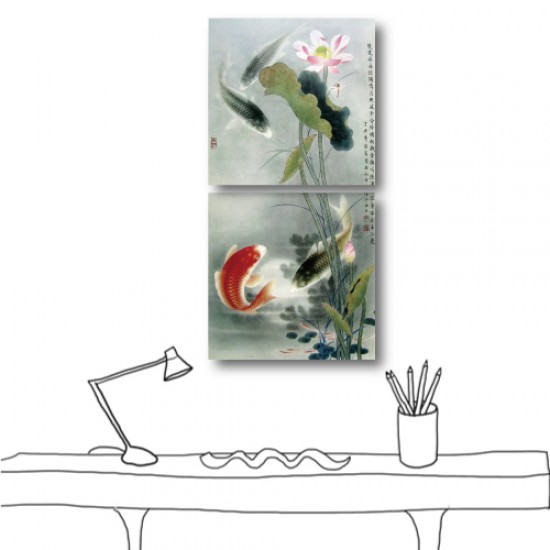 【123點點貼】壁貼 窗貼 文字壁貼 中國風 二聯式 30x30cm-蓮池鯉魚