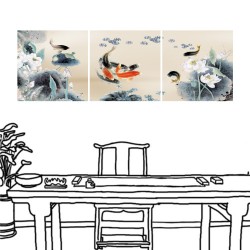 三聯式 方型 動物 鯉魚 長輩禮 客廳 喜氣 掛畫 主臥室佈置-知足常樂-30x30cm