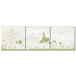 三聯式 方型 小清新 手繪風 小孩房 掛鐘 掛畫 家飾品-風的家鄉-30x30cm