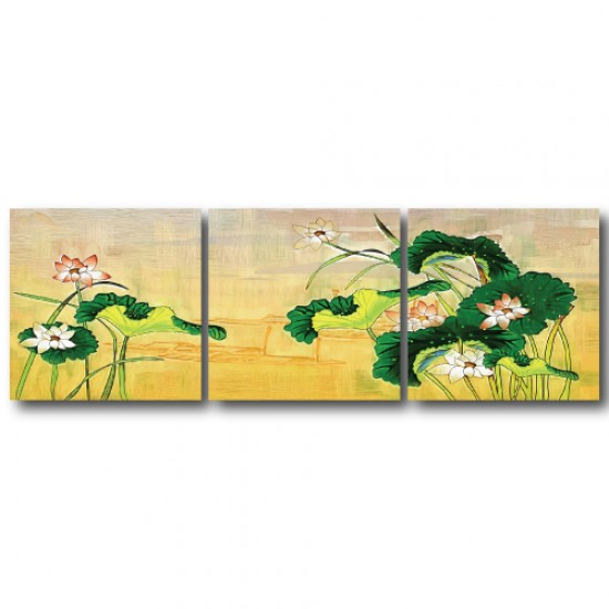 三聯式 方形 花卉 荷花 蓮花 無框畫 家飾品-靜心-30x30cm