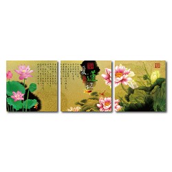 三聯式 方形 花卉 蓮花 粉色 文字掛畫 無框畫 辦公室 家飾品 長輩禮-愛蓮說-30x30cm