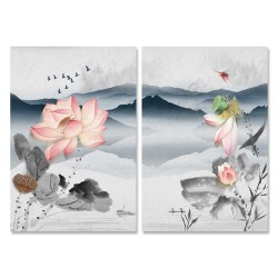 24mama掛畫 二聯式 湖 漁民 山丘 花朵 飛翔 鳥群 無框畫 40x60cm-粉色荷花