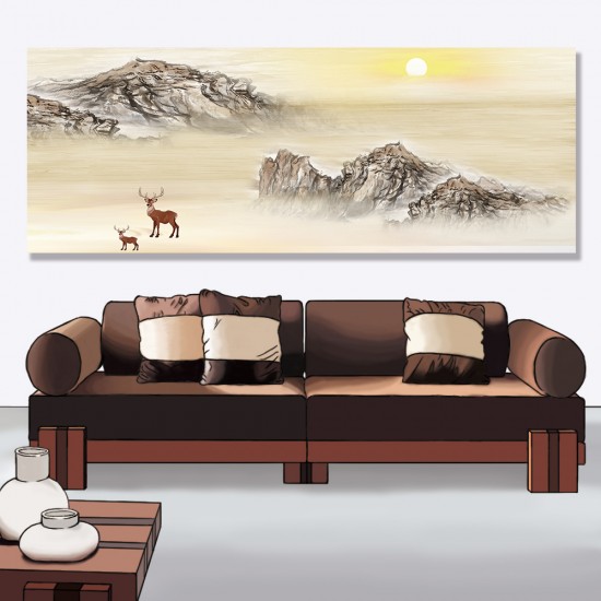 24mama掛畫 單聯式 風景 山 霧 太陽 動物 景觀 靜思語 無框畫 80x30cm-日出山鹿