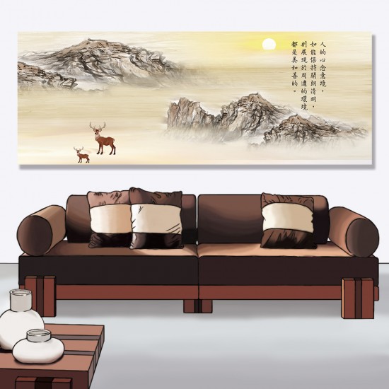 24mama掛畫 單聯式 風景 山 霧 太陽 動物 景觀 靜思語 無框畫 80x30cm-日出山鹿