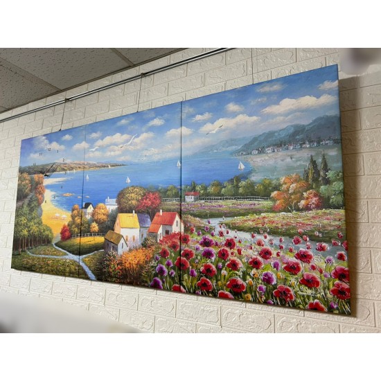 24mama掛畫 三聯式 客製化無框畫 尺寸圖像都可客製 無框畫 60x80cm-山邊小鎮