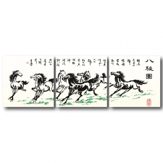 三聯式 方型 文字掛畫 馬 水墨畫 家居裝潢 民宿擺設 -八馬-30x30cm