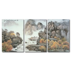 三聯式 直幅 山水 風景掛畫 無框畫 水墨畫 辦公室 家飾品-高聳-40x60cm