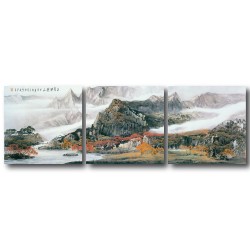 三聯式 方型 山水掛畫 風景 臥室 客廳 無框畫 長輩禮-秋山紅葉-30x30cm