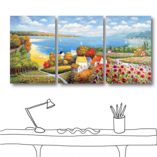三聯式 直幅 風景 客製掛畫 橙品油畫布 無框畫 圖書館 幼稚園擺設 童趣飾品-山邊小鎮-40x60cm