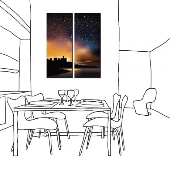 二聯式 直幅 夜景 夜晚 海邊 無框畫 客廳 民宿 餐廳 飯店 壁鐘-城市一隅20x50cm
