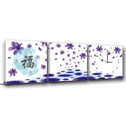 三聯式 方型 無框畫 掛鐘 福字 客廳 民宿 餐廳 飯店 紫色花瓣-福30x30cm