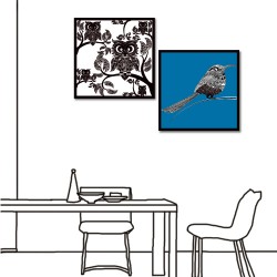 【123點點貼】二聯式 方型 壁貼 牆貼 小資DIY 印象派 黑白 藍色 鳥 貓頭鷹 無框畫 客廳 餐廳 飯店 家居裝飾 民宿 - 鳥的描繪30x30cm