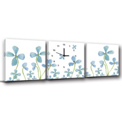 三聯式 方型 無框畫 掛鐘 客廳 民宿 餐廳 飯店 花卉-藍花朵朵30x30cm