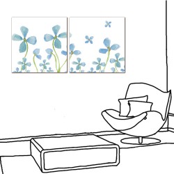 二聯式 方型 無框畫 掛鐘 壁鐘 花店 客廳 民宿 餐廳 飯店 花卉-藍花朵朵30x30cm