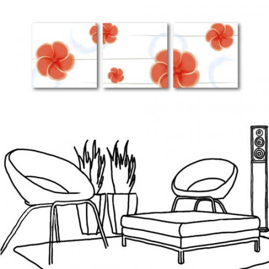 三聯式 方型 無框畫 掛鐘 花卉 客廳 民宿 餐廳 飯店-紅花綻顏30x30cm