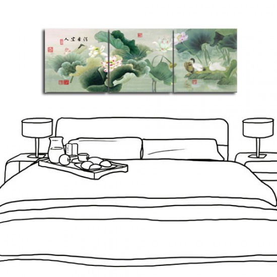 三聯式 方型 花卉 中國風 池塘圖 辦公室佈置 客廳佈置 家居裝飾品 家飾品 無框畫-清香宜人-30x30cm