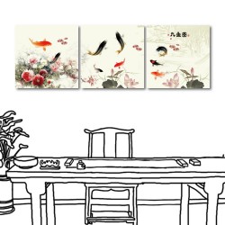 三聯式 方型 動物 鯉魚 中國風 掛畫 辦公室 室內裝飾 -九魚圖-30x30cm