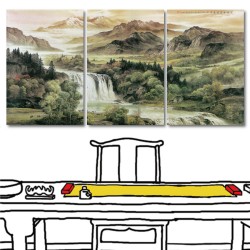 三聯式 直幅 山水 風景掛畫 無框畫 家飾品 長輩禮-雲天高誼-40x60cm