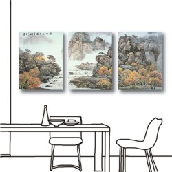三聯式 直幅 山水 風景掛畫 無框畫 水墨畫 辦公室 家飾品-高聳-30x40cm