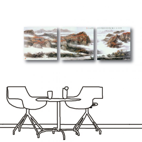 三聯式 方型 山水掛畫 風景 臥室 客廳 無框畫 長輩禮-紅葉-30x30cm