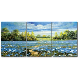 三聯式 直型 花卉 藍色 歐式風格 油畫掛畫 無框畫  辦公室佈置 家居裝飾品 圖書館-天藍地藍-30x40cm