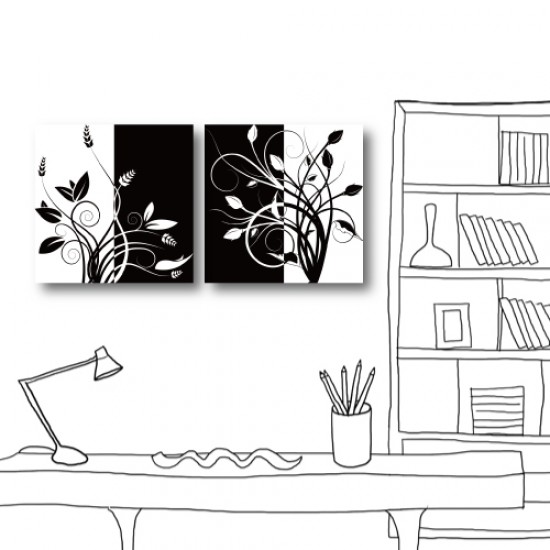二聯式 方型 黑白 花卉 對比色 家居裝飾 無框畫 掛鐘 壁鐘 客廳 餐廳 飯店 家居裝飾 民宿-無名花-30x30cm