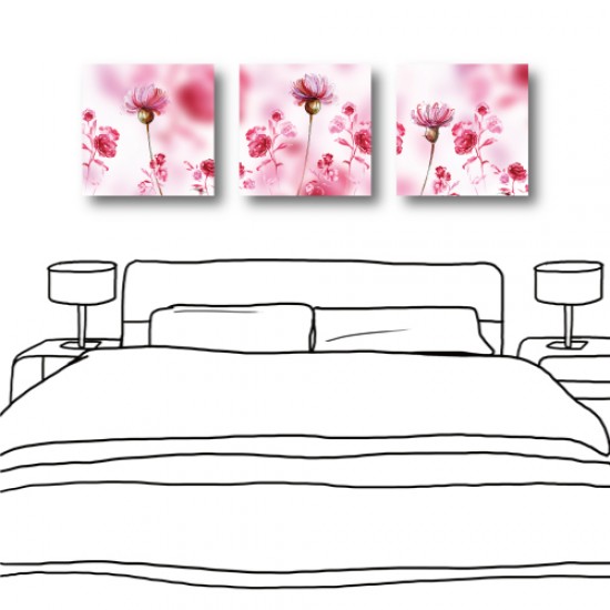 三聯式 方型 花卉 粉色 掛鐘 客廳 臥室 無框畫 室內擺設 掛畫 -少女心滿懷-30x30cm