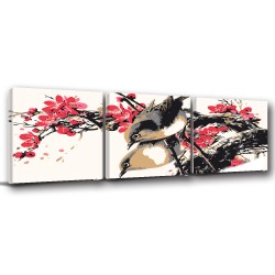 三聯式 方型 花卉 動物 鳥 中國風 客廳 招待室 大廳 無框畫 室內擺設 掛畫 長輩禮 -枝頭鳥兒-30x30cm