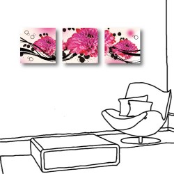 三聯式 方型 花卉 粉色 水墨 會議室 招待室 客廳 無框畫 掛畫-爭奇鬥艷-30x30cm