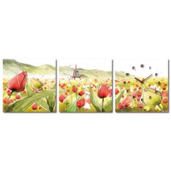 三聯式 方形 花卉 鬱金香 風車 小孩房裝飾 補習班 掛鐘 無框畫 家飾品-荷蘭風情-30x30cm