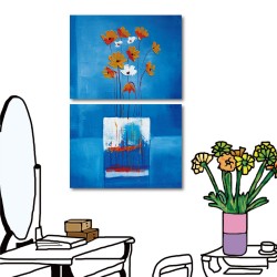 二聯式 橫幅 掛畫 藝術無框畫 花卉 橙品油畫布 流行家飾-藍色花卉-40x30cm